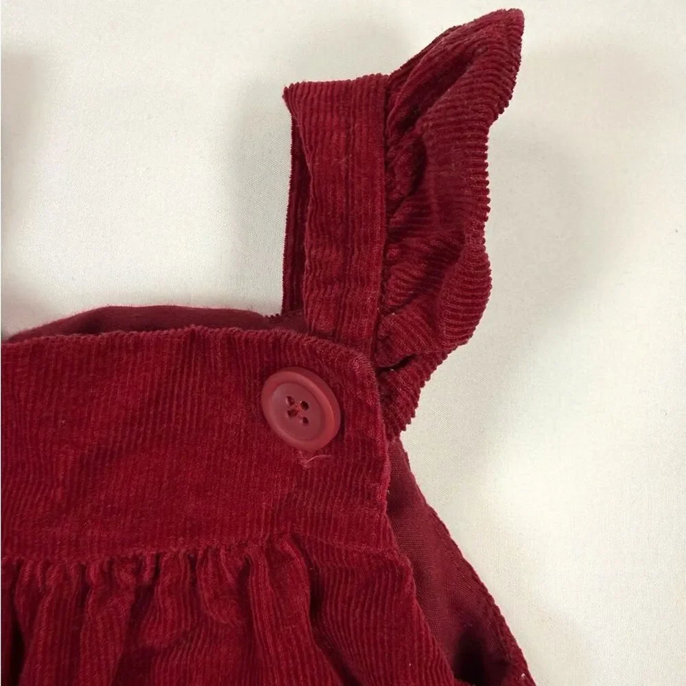 CRACKER BARREL Baby Girls’ Red Corduroy Owl Knee Patch Ruffle Overalls Size 12M